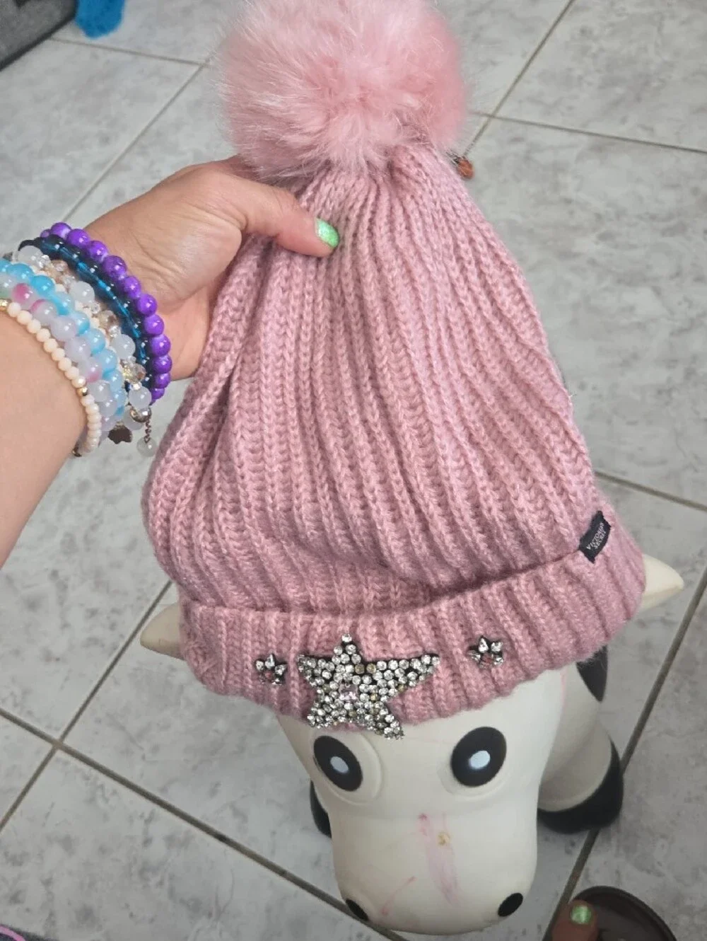 Victoria's Secret Kids Pink Ribbed Beanie with Rhinestone Star Accents